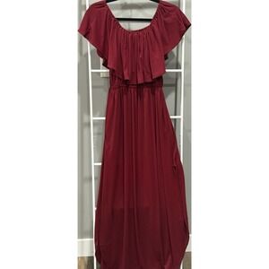 THANTH Burgundy Off Shoulder Ruffle Knit Maxi Dress Women's Size L Romantic Goth